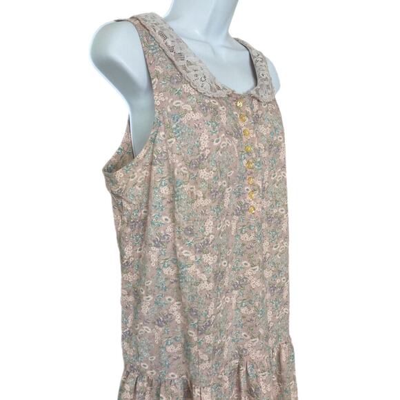 Vintage 80s Cottage Prairie Boho Calico Floral Drop Waist Lace Collar Dress M/L - Picture 3 of 8